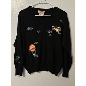 Vtg 70s Embroidered Sweater Womens V-Neck Blue Hot Air Balloon Airplane Sz M Fly